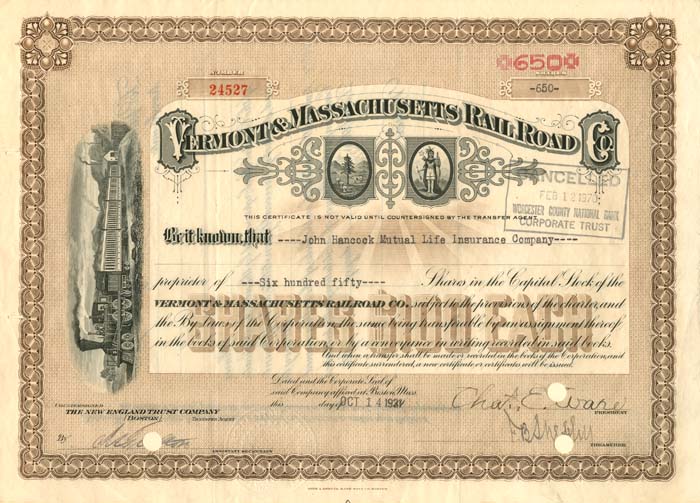 Vermont and Massachusetts Railroad Co. - Railway Stock Certificate